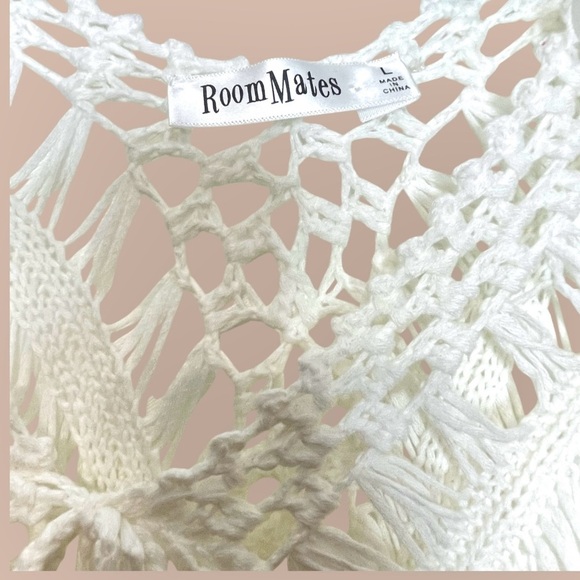 RoomMates Boho White Crocheted Fringe Open Front Cardigan Cover Up Size Large - Picture 10 of 13